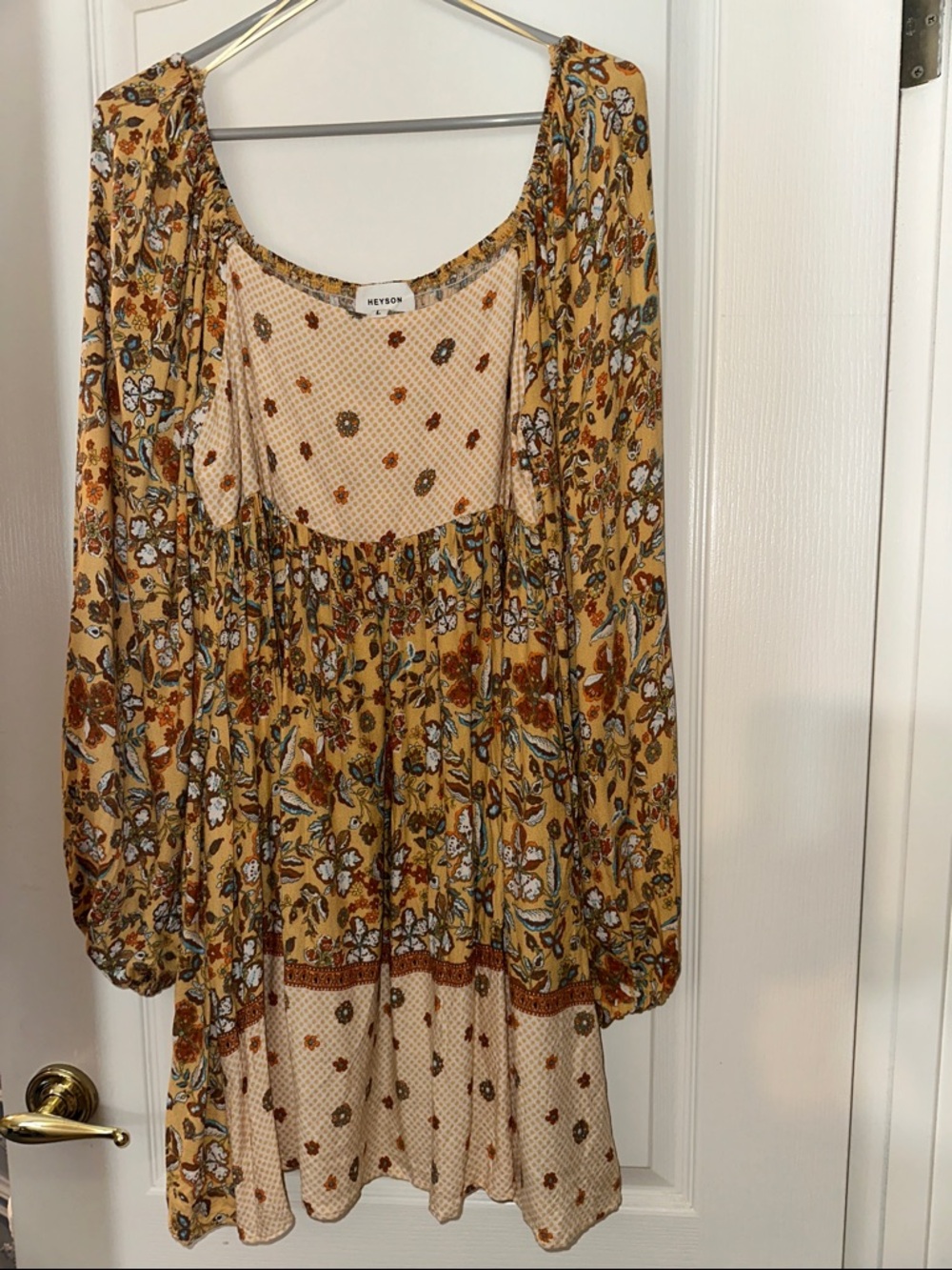 Boho Floral Tiered Long-Sleeve Dress in Mustard